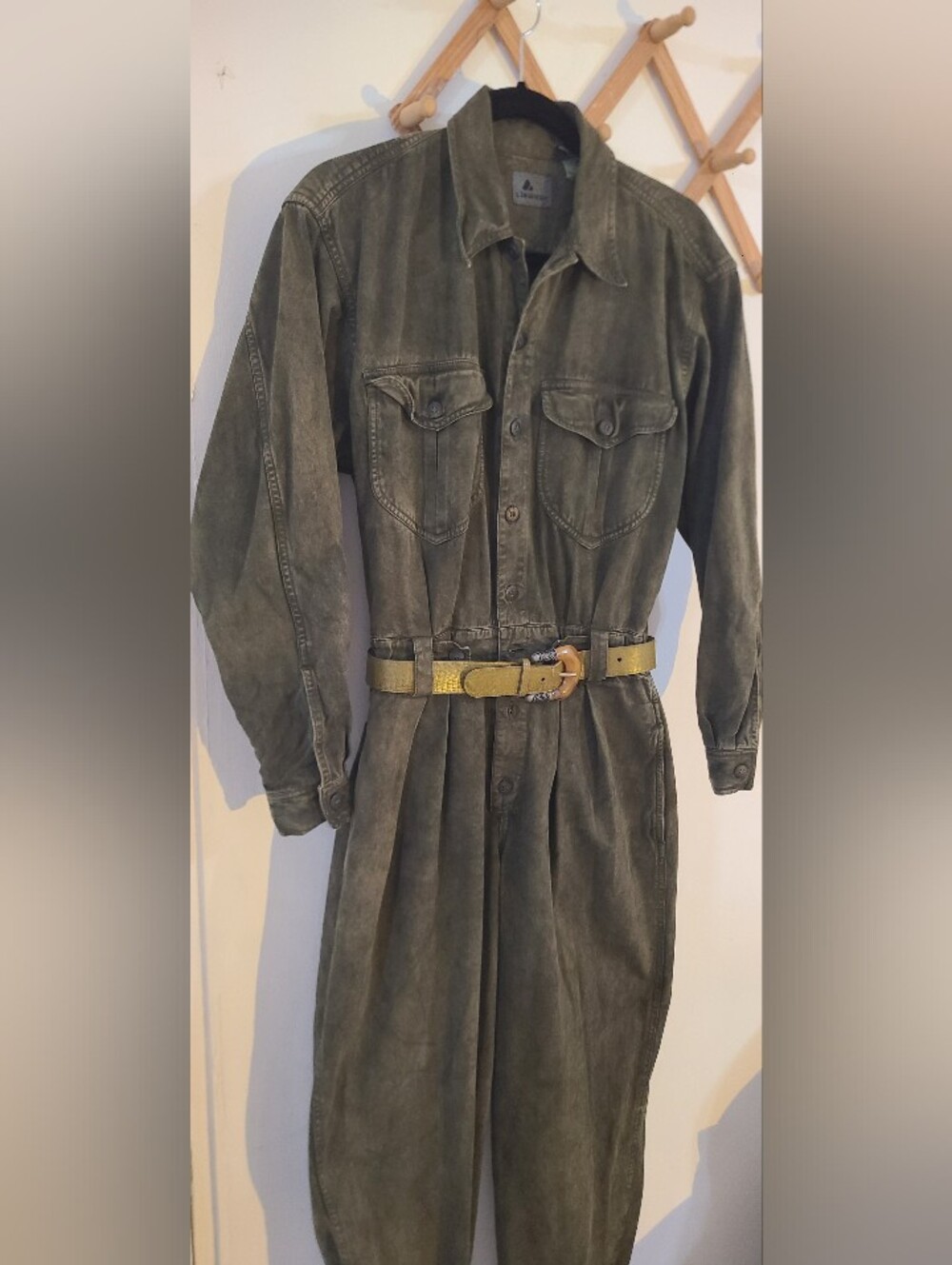 Dwnim LIZWEAR Olive Green Button-Front Utility Jumpsuit